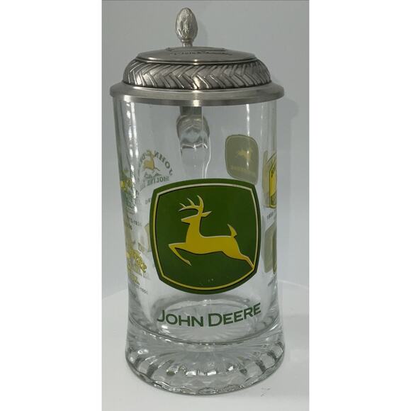 John Deere Glass Beer Stein with Silver Metal Lid Historical Logos With Years - Picture 1 of 10